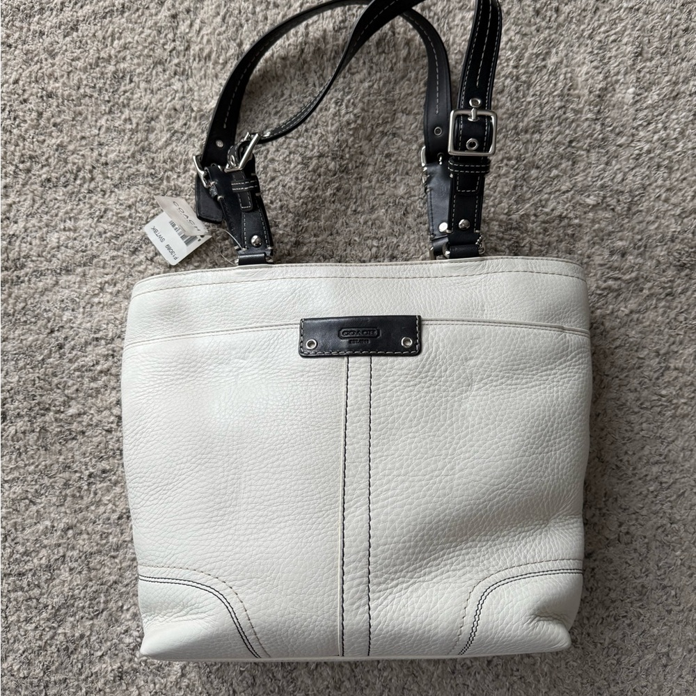 Coach White Leather Shoulder Tote with Black Straps